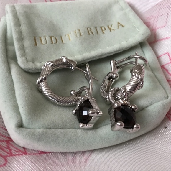 Vintage Judith Ripka Hoop Earrings With Natural Cushion Cut Smoky Quartz Charms - Picture 2 of 15